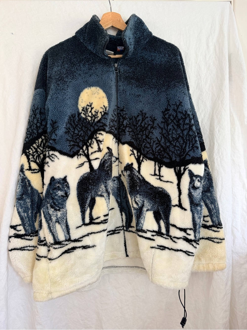 Vintage 90s Mazmania Wolf Fleece Jacket Unisex XL Made USA AOP Gorpcore Wolves